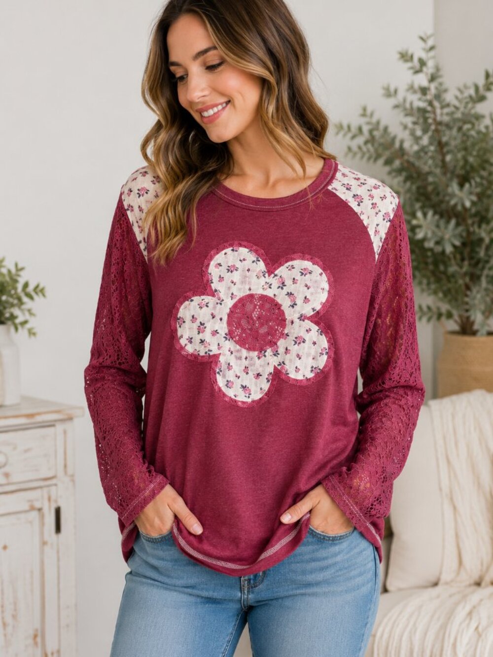Mauve Floral Patchwork Top Lace Sleeves Boho Cottagecore Small